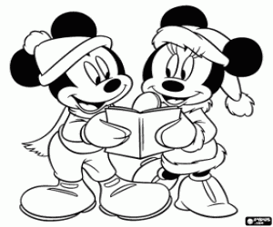Colora Topolino e Minnie Mouse con cappelli di Santa Claus e canti natalizie