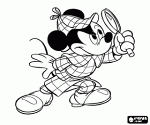 Colora Topolino vestito da Sherlock Holmes con la lente di ingrandimento per indagare