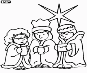 Colora Tre bambini vestiti come i tre Magi dell'Oriente con la Stella di Betlemme