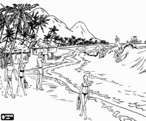Colora Vacanze in una spiaggia tropicale con capanne, palme e facendo surf con la forte onde
