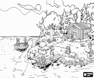 Colora Vista di un giorno di vacanza in famiglia, di pesca sulla riva di un lago con un molo e un cottage