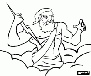 Colora Zeus, il dio greco del cielo e del tuono e il re di d�i olimpici, tra le nuvole con un fulmine in mano