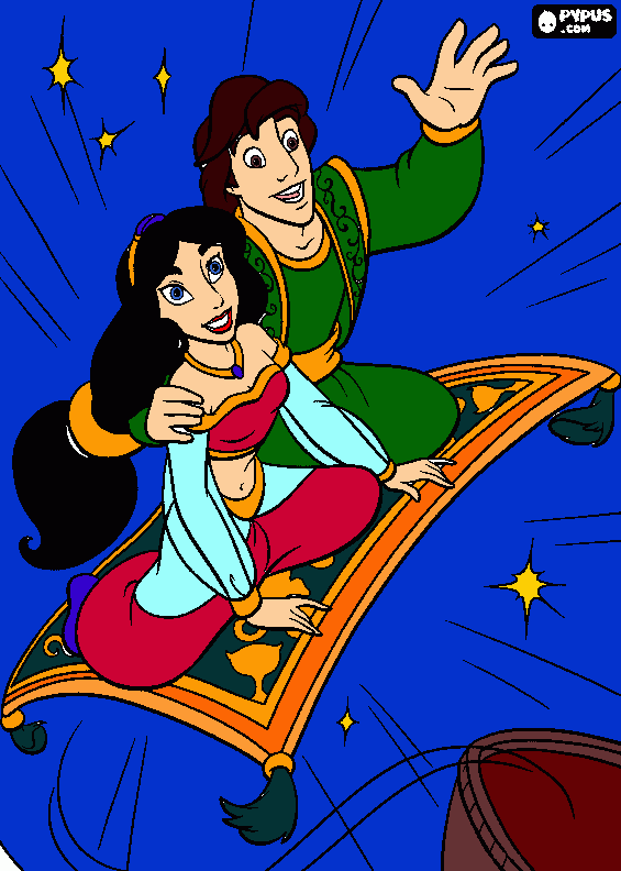Aladino e Jasmine sul tappeto volante da colorare