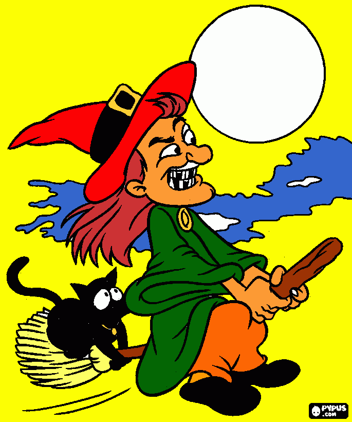brutta strega che vola sulla scopa da colorare