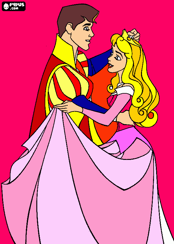colora la principessa,la principessa aurora che balla col suo amante,il principe filippo da colorare
