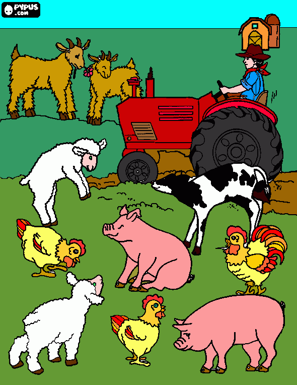 contadino con trattore e animali da colorare