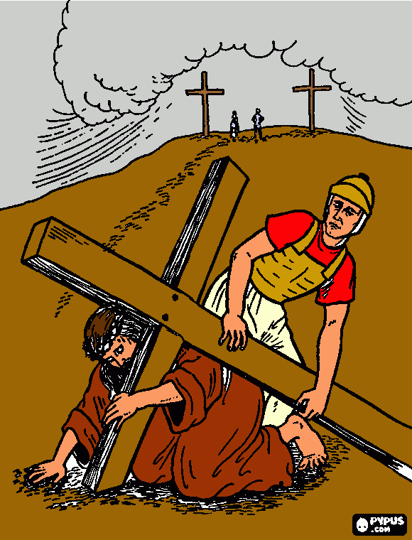 gesù con la croce verso la collina da colorare