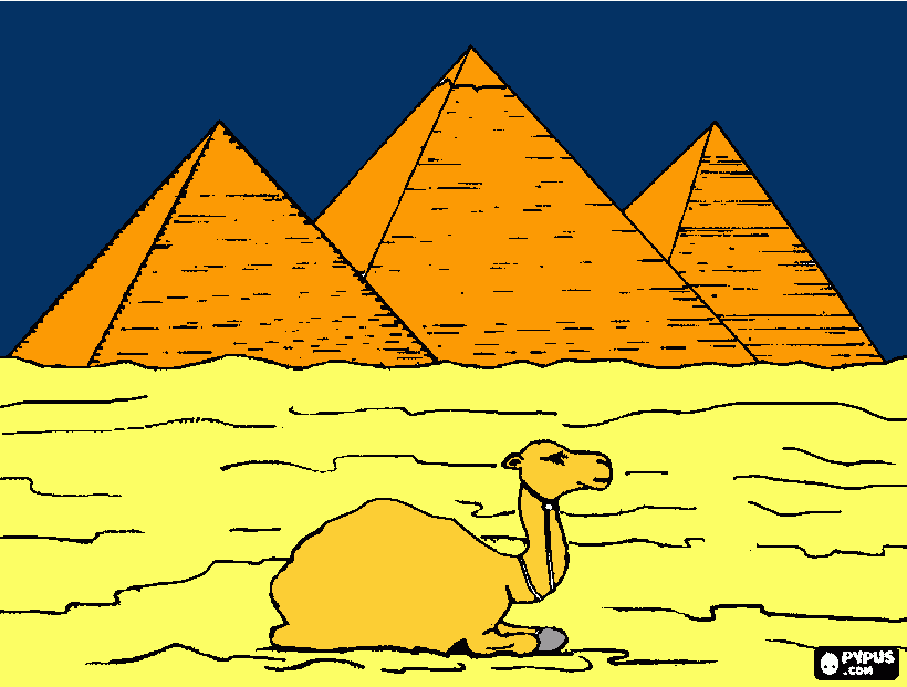 Il mio disegno rappresenta un cammello , che riposa  davanti a tre piramidi nell'Egitto  da colorare