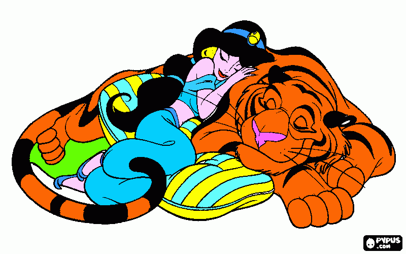 jasmine che dorme con la sua tigre da colorare