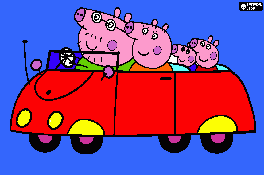 la macchina e tutta rossa con molte cose gialle !! peppa e vestita di rosso george di blu mamma  pig di arancione e papa pig di verde ! lo sfondo e azzurro da colorare