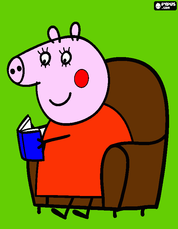 mamma pig leggendo seduta in poltrona un libro da colorare