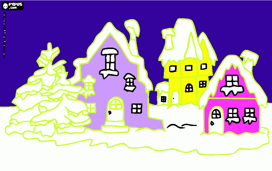 paesaggio di case con neve da colorare