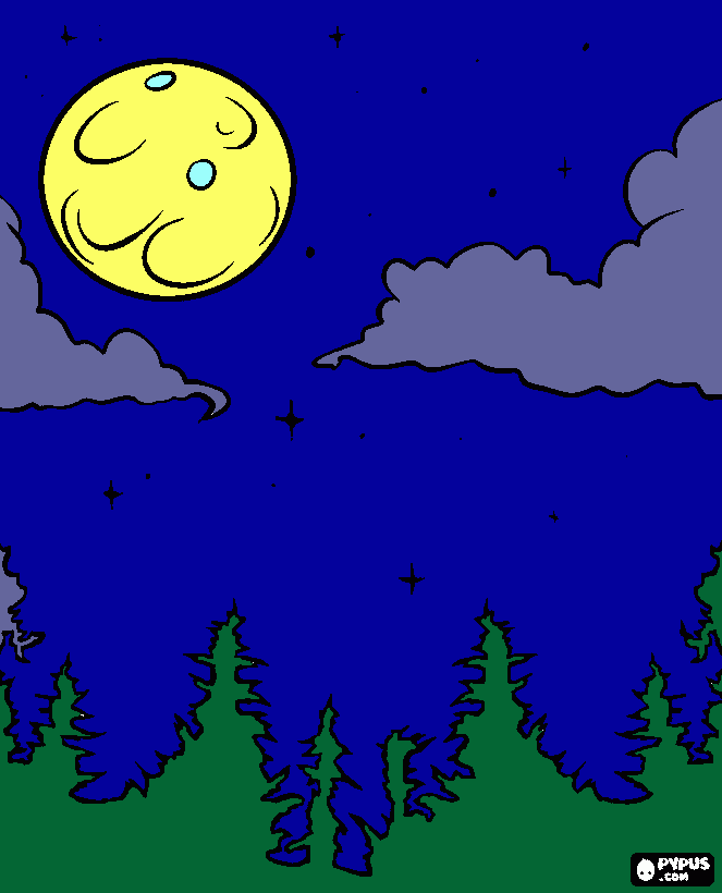 Paesaggio notturno con la luna da colorare