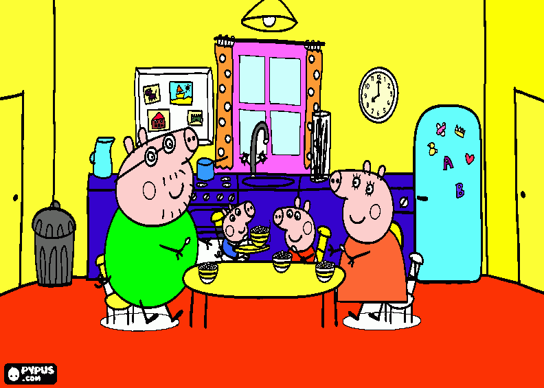 peppa ,george,mamma pig e papà pig fanno colazione da colorare