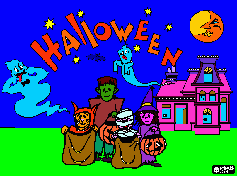 scritta Hallowen con bambini e casa stregata da colorare