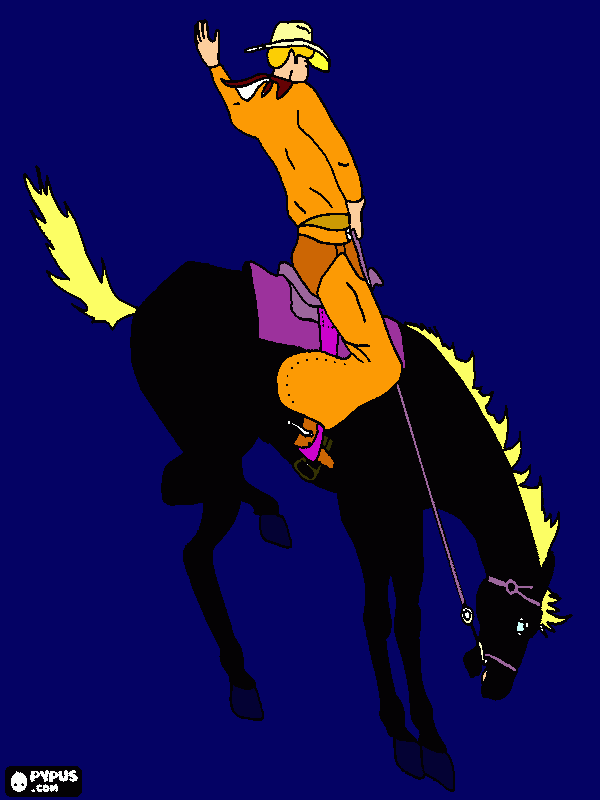 un cowboy che cavalca un mustang durante in un rodeo da colorare