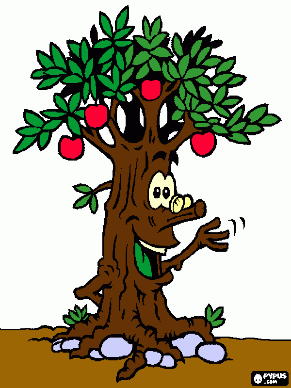  Vecchio albero con una faccina sorridente con frutta e foglie da colorare
