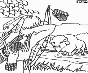 Colora Il cacciatore con l'arco e un bisonte