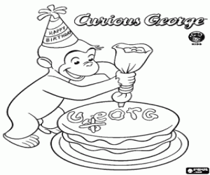 Colora Curious George e una torta di compleanno