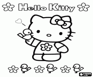 Colora Hello Kitty con fiori e uccelli