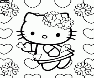 Colora Hello Kitty tra fiori e cuori