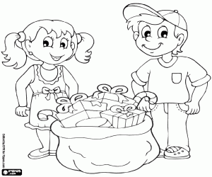 Colora I bambini e il sacco dei regali di Natale