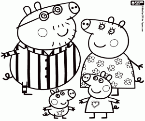Colora Peppa Pig e la sua famiglia in pigiama