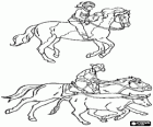 Due immagini equestri - Giovane cavaliere che monta un cavallo e un cow-boy che montano un cavallo gettando il laccio 