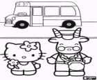 Hello Kitty e il conducente di autobus di scuola in piedi di fronte del veicolo