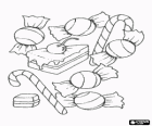 Vari dolci - Caramelle, caramelle di bastoni e un pezzo di torta