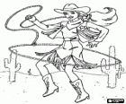 Donne cowboy, cowgirl che tira il lasso nel deserto tra i cactus
