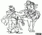 Il principe con la sua spada nella cintura di aiutare la principessa scendere il cavallo