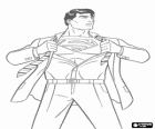 Clark Kent diventa Superman con la sua uniforme rossa e blu per la lotta per la giustizia