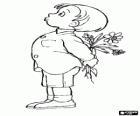Un dono per la mamma, ragazzo con un mazzo di fiori nascosto