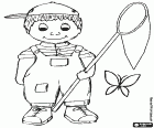Bambino cerca di catturare una farfalla con una rete della farfalla