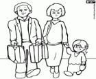 Famiglia di viaggio, mamma e papà di carico bagagli