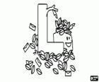 Lettera L con un sacco di foglie e alcune lettere, oggetti che sono scritti con k in inglese: leaves e letters