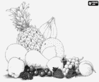 Frutta varia: ananas, banana, melone, mela, pera, limone, uva, ciliegie, fragole, pesche e lamponi