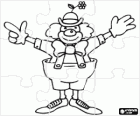 Puzzle di clown o pagliaccio in tutto o costume, con un cappello con fiore, parrucca, guanti, cravatta, pantaloni grandi e grandi scarpe
