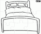 Puzzle di letto a una piazza o letto singolo con testiera e piede di letto, materasso e cuscino
