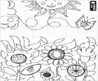 Puzzle di fiori in campo con una farfalla di volo e il sole sulla cima