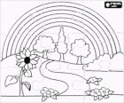 Puzzle di paesaggio in primavera con fiori, alberi e arcobaleno
