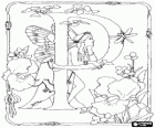 Lettera P con una fata guardando un libellula e circondata da fiori
