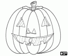Grande zucca di Halloween con un viso intagliato e una candela accesa all'interno o Jack-o'-lantern