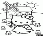 Hello Kitty che prende papaveri passeggiando passato un mulino a vento nel campo