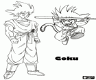 Goku figlio che salta e Goku adulto, un uomo con la coda di scimmia