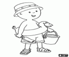 Caillou in spiaggia con un cappello, un float, un secchiello e la paletta per gioccare congli sabbia