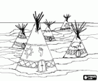Un accampamento indiano tribù con tepee o tende in pianura