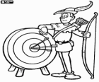 Il famoso arciere Robin Hood mostrando la sua abilità con l'arco accanto a un target