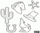 Immagini tipiche del selvaggio West: un cactus, un ferro di cavallo, un cavallo, un cappello da cowboy, un coyote e una stella di sceriffo